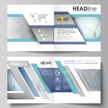 İş şablonları için kare tasarım BI kat broşür, el ilanı, rapor. Kapak broşür, düzen vektör. Kimya desen, çizgiler ve noktalar, molekül yapısı, bilimsel tıbbi Dna araştırma bağlanma.