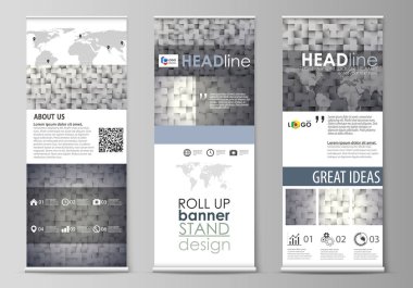 Rulo afiş standları, düz tasarım şablonları, modern iş kavramı, kurumsal dikey vektör el ilanları, bayrak düzenleri kadar. Desen kareler, geometrik tarzı gri arka plan yaptı. Basit doku.