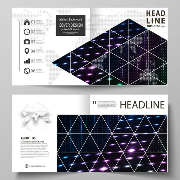 Zakelijke sjablonen voor vierkante bi vouw brochure, flyer, magazine en boekje. Leaflet cover, vlakke lay-out. Abstract kleurrijk neon stippen, gestippelde technologie. Futuristische digitale vector design. — Stockvector