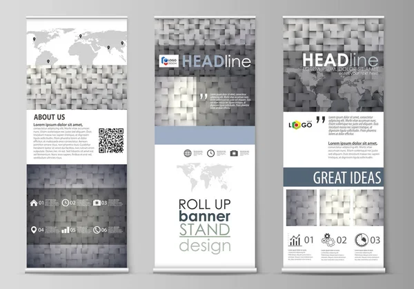 Rulo afiş standları, düz tasarım şablonları, modern iş kavramı, kurumsal dikey vektör el ilanları, bayrak düzenleri kadar. Desen kareler, geometrik tarzı gri arka plan yaptı. Basit doku.