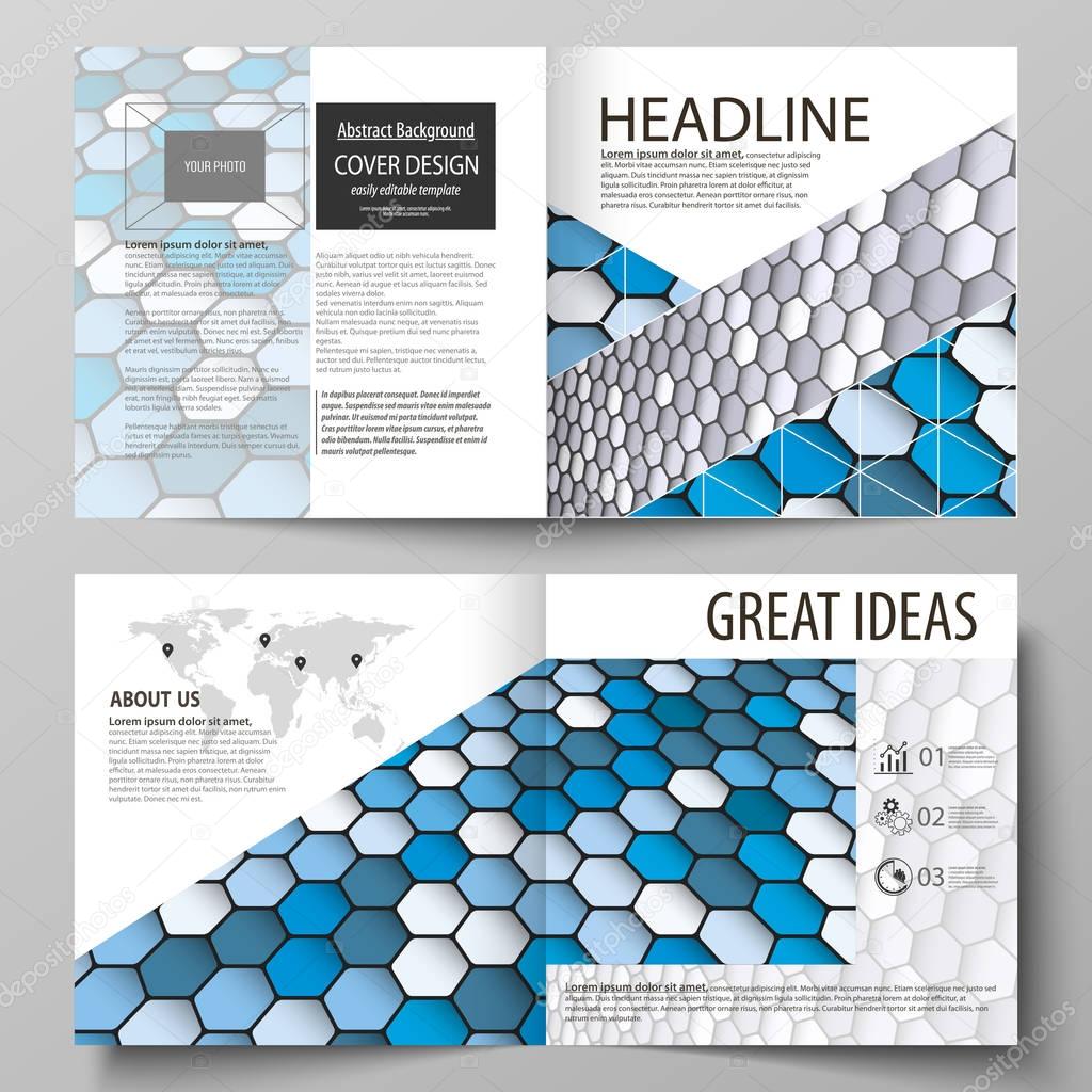 Business templates for square design bi fold brochure, flyer, booklet or annual report. Leaflet cover, vector layout. Blue and gray color hexagons in perspective. Abstract polygonal style background.