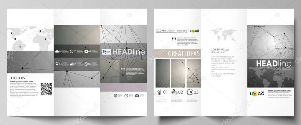 Tri-fold brochure business templates on both sides. Easy editable abstract vector layout in flat design. Chemistry pattern, molecule structure on gray background. Science and technology concept.