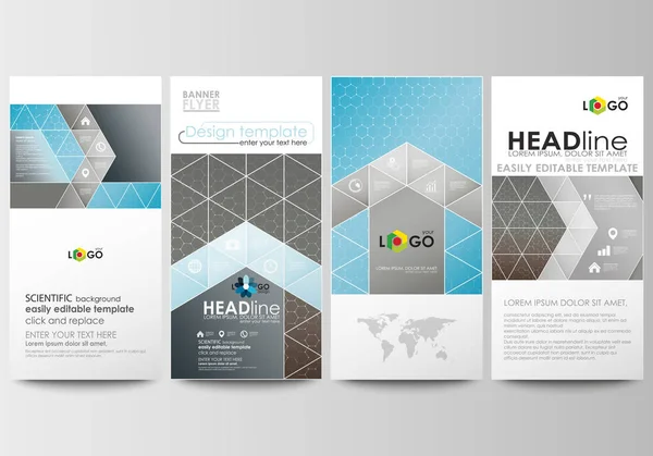 Flyers set, banners modernos. Modelo de design de capa, layouts planos abstratos. Pesquisa médica científica, padrão químico, estrutura hexagonal da molécula, fundo do vetor da ciência . —  Vetores de Stock