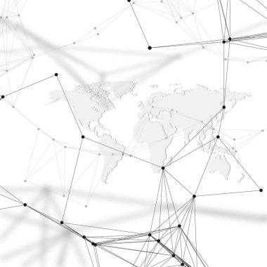 Bağlanma çizgiler ve noktalar, poligonal doğrusal doku ile arka plan fütüristik. Dünya harita üzerinde beyaz. Genel ağ bağlantıları, geometrik tasarım, teknoloji dijital kavramı.