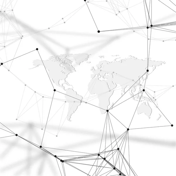 Sfondo astratto futuristico con linee e punti di collegamento, texture lineare poligonale. Mappa del mondo su bianco. Connessioni di rete globali, design geometrico, tecnologia concetto digitale . — Vettoriale Stock