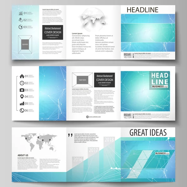 Eine Reihe von Geschäftsvorlagen für dreifach quadratische Design-Broschüren. Prospekteinband, Vektorlayout. Chemie Muster, Verbindungslinien und Punkte, Molekülstruktur, medizinische DNA-Forschung. Medizinkonzept. — Stockvektor