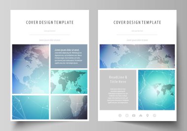 A4 formatında düzenlenebilir yerleşimini vektör çizim tasarım şablonları broşür, dergi, broşür, kitapçık, rapor için kapsar. Molekül yapısı, çizgiler ve noktalar bağlama. Teknoloji kavramı.