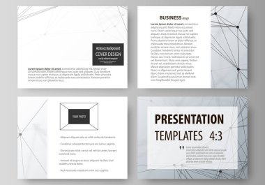 İş şablonları sunma kaymak için. Düz tasarım vektör düzenler. Genetik ve kimyasal bileşikler. Atom, Dna ve nöronlar. Tıp, kimya, teknoloji kavramı. Geometrik arka plan.