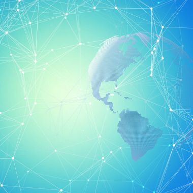 Soyut fütüristik ağ şekiller. Yüksek teknoloji arka plan, bağlayan çizgiler ve noktalar, poligonal doğrusal doku. Dünya küre mavi. Veri kavramı küresel ağ bağlantıları, geometrik tasarım, kazmak.
