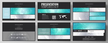 Yüksek çözünürlüklü sunma kaymak düzenlenebilir yerleşimini siyah renkli minimalist vektör çizim tasarım şablonları. Kimya desen. Molekül yapısı. Tıp, bilim arka plan.