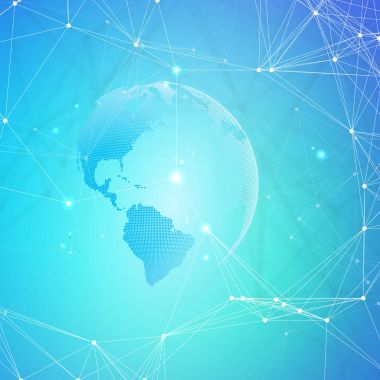 Bağlanma çizgiler ve noktalar, poligonal doğrusal doku ile arka plan fütüristik. Dünya küre mavi. Genel ağ bağlantıları, geometrik tasarım, teknoloji dijital kavramı.