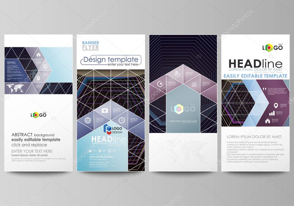 Flyers set, modern banners. Business templates. Cover template, vector layouts. Abstract polygonal background with hexagons, illusion of depth. Black color geometric design, hexagonal geometry.