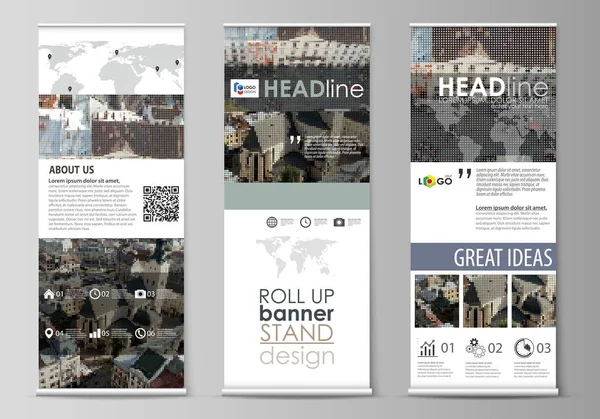 Afiş standları, düz tasarım şablonları, soyut geometrik tarzı, dikey vektör el ilanları, bayrak düzenleri olarak topla kümesi. Seyahat işletme, kentsel cityscape için noktalı doku renkli arka plan yaptı.