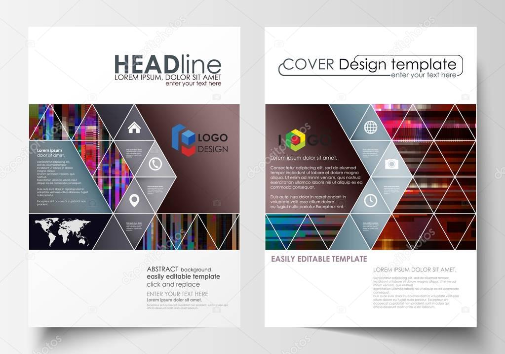 Business templates for brochure, magazine, flyer, annual report. Cover design template, abstract vector layout in A4 size. Glitched background made of colorful pixel mosaic. Trendy glitch backdrop.