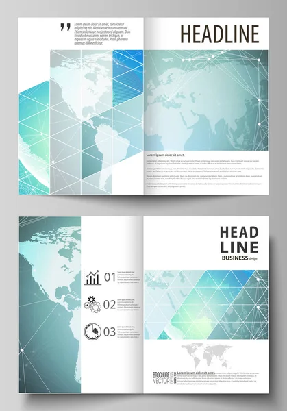 La ilustración vectorial de la disposición editable de dos maquetas de diseño de portada moderna en formato A4 plantillas para folleto, folleto, folleto. Patrón de química, estructura molecular, fondo de diseño geométrico . — Archivo Imágenes Vectoriales