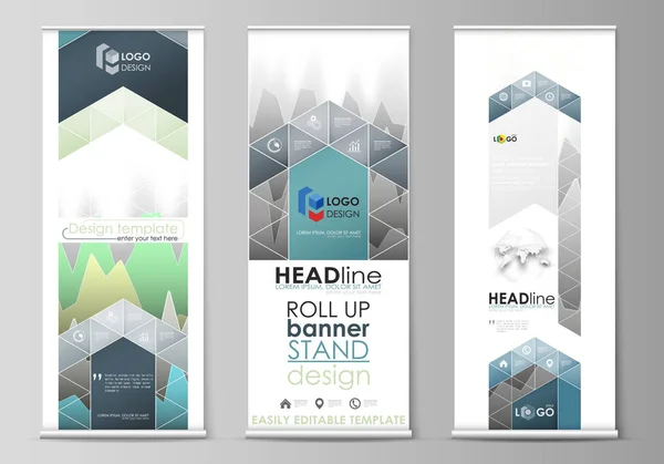 L'illustrazione vettoriale minimalista del layout modificabile di stand banner roll up, volantini verticali, modelli di business design delle bandiere. Righe di diagramma colorato con picchi di diversa altezza . — Vettoriale Stock