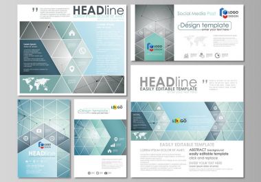 Sosyal medya kümesi nakleder. İş şablonları. Soyut tasarım şablonu, vektör düzen popüler formatları. Geometrik arka plan, bağlantılı çizgi ve noktalar. Moleküler yapısı. Bilimsel, tıbbi, kavram