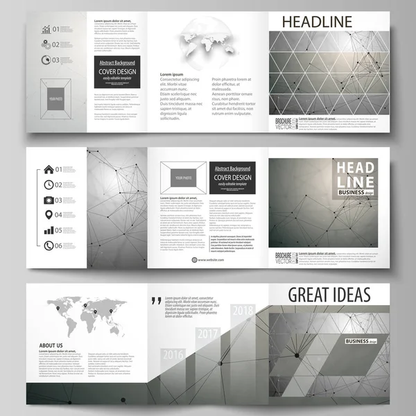 Set of business templates for tri fold square design brochures. Leaflet cover, abstract vector layout. Chemistry pattern, molecule structure on gray background. Science and technology concept. — Stock Vector