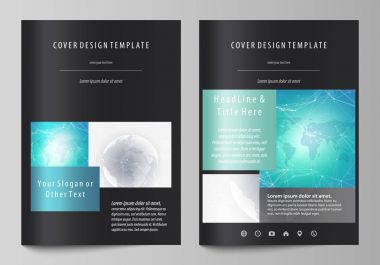 A4 formatında düzenlenebilir yerleşimini siyah renkli vektör çizim tasarım şablonları için broşür, dergi, broşür, kitapçık kapsar. Kimya desen. Molekül yapısı. Tıp, bilim arka plan