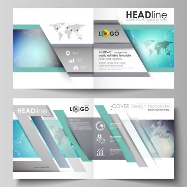 İki kapakları Şablonu düzenlenebilir yerleşimini vektör çizim için kare tasarım BI broşür, dergi, broşür, kitapçık katlama. Molekül yapısı, çizgiler ve noktalar bağlama. Teknoloji kavramı.