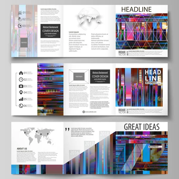 Business templates for tri fold brochures. Square design. Leaflet cover, abstract vector layout. Glitched background made of colorful pixel mosaic. Digital decay, signal error. Trendy glitch backdrop. — Stock Vector