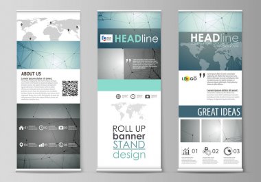 Rulo afiş standları, düz tasarım şablonları, geometrik tarzı, kurumsal dikey vektör el ilanları, bayrak düzenleri kadar. Geometrik arka plan. Moleküler yapısı. Bilimsel, tıp, teknoloji kavramı.