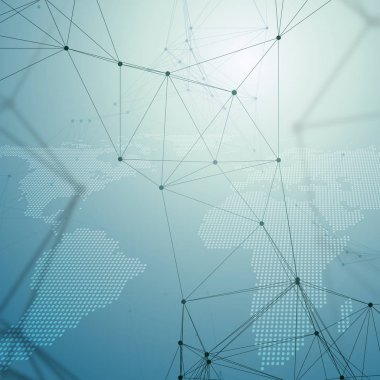 Kimya desen, Dünya Haritası, molekül yapısı mavi çizgiler ve noktalar, bağlama noktalı. Bilimsel tıbbi Dna araştırma. Tıp, bilim, teknoloji kavramı. Geometrik tasarım arka plan