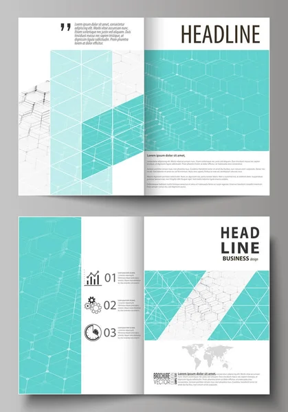 Zakelijke sjablonen voor bi vouw brochure, flyer, brochure, verslag. Betrekking hebben op Ontwerpsjabloon, vector lay-out in A4-formaat. Chemie patroon, zeshoekige molecuul structuur op blauw. Geneeskunde, technologie concept. — Stockvector