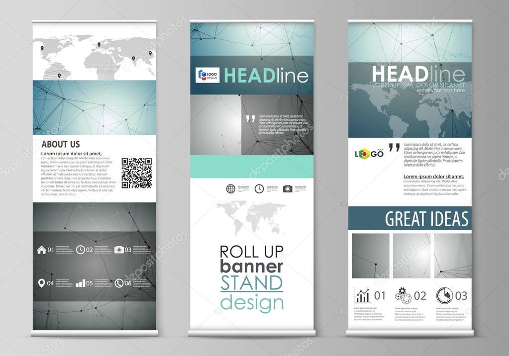 Roll up banner stands, flat design templates, geometric style, corporate vertical vector flyers, flag layouts. Geometric background. Molecular structure. Scientific, medical, technology concept.