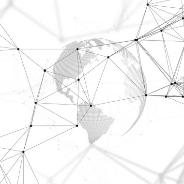 Bağlanma çizgiler ve noktalar, poligonal doğrusal doku ile arka plan fütüristik. Dünya küre üzerinde beyaz. Veri teknolojisi dijital kavramı küresel ağ bağlantıları, geometrik tasarım, kazmak.