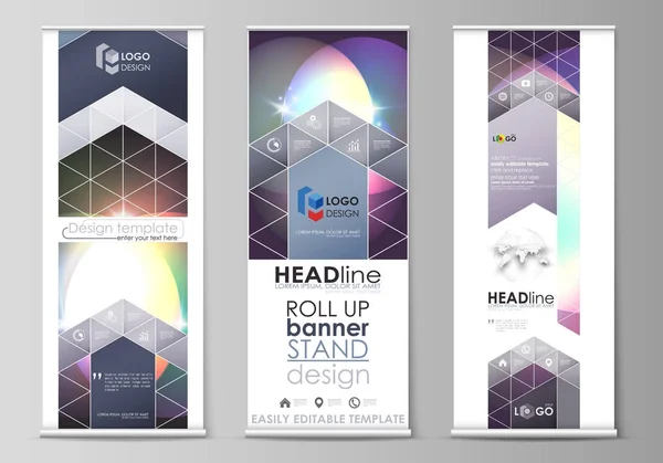 Set van roll-up banner stands, abstracte geometrische stijlsjablonen, businessconcept, corporate verticale vector flyers, vlag lay-outs. Mystieke Sci-Fi achtergrond. Futuristisch trendy design. — Stockvector