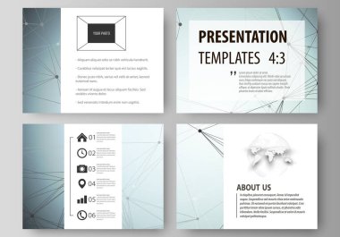 İş şablonları sunma kaymak için kümesi. Düz tasarım soyut vektör düzenler. Kimya desen, çizgiler ve noktalar, molekül yapısı, bilimsel tıbbi Dna araştırma bağlanma.