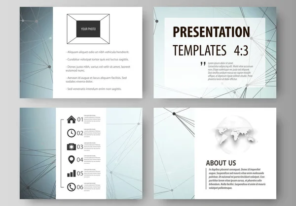 Reeks zakelijke sjablonen voor presentatie dia's. Abstract vector lay-outs in platte ontwerp. Chemie patroon, lijnen en punten, molecuul structuur, wetenschappelijke medische Dna onderzoek aansluiten. — Stockvector