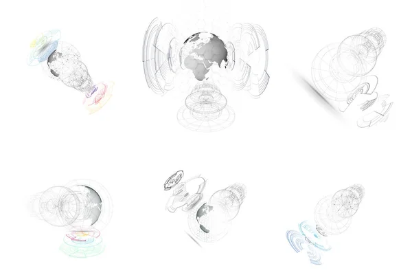 Na białym tle 3d kropkowane świat globusy z budowy streszczenie, linie na białym tle łączące. Wektor wzór, struktura, kształt, forma, stacji kosmicznej. Badań naukowych. Nauka, koncepcja technologiczna — Wektor stockowy