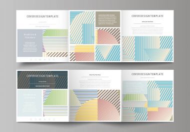 Üç kat kare broşürler için iş şablonları kümesi. Broşür kapak, soyut düz düzen, kolay düzenlenebilir vektör. Çizgili, geometrik minimalist tasarımı oluşturan güzel arka plan şekilleri.