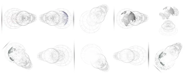 Geïsoleerde 3d gestippelde wereld globes met abstracte constructie, verbindingslijnen op witte achtergrond. Vector design, structuur, vorm, vorm, ruimtestation. Wetenschappelijk onderzoek. Wetenschap, technologie concept — Stockvector