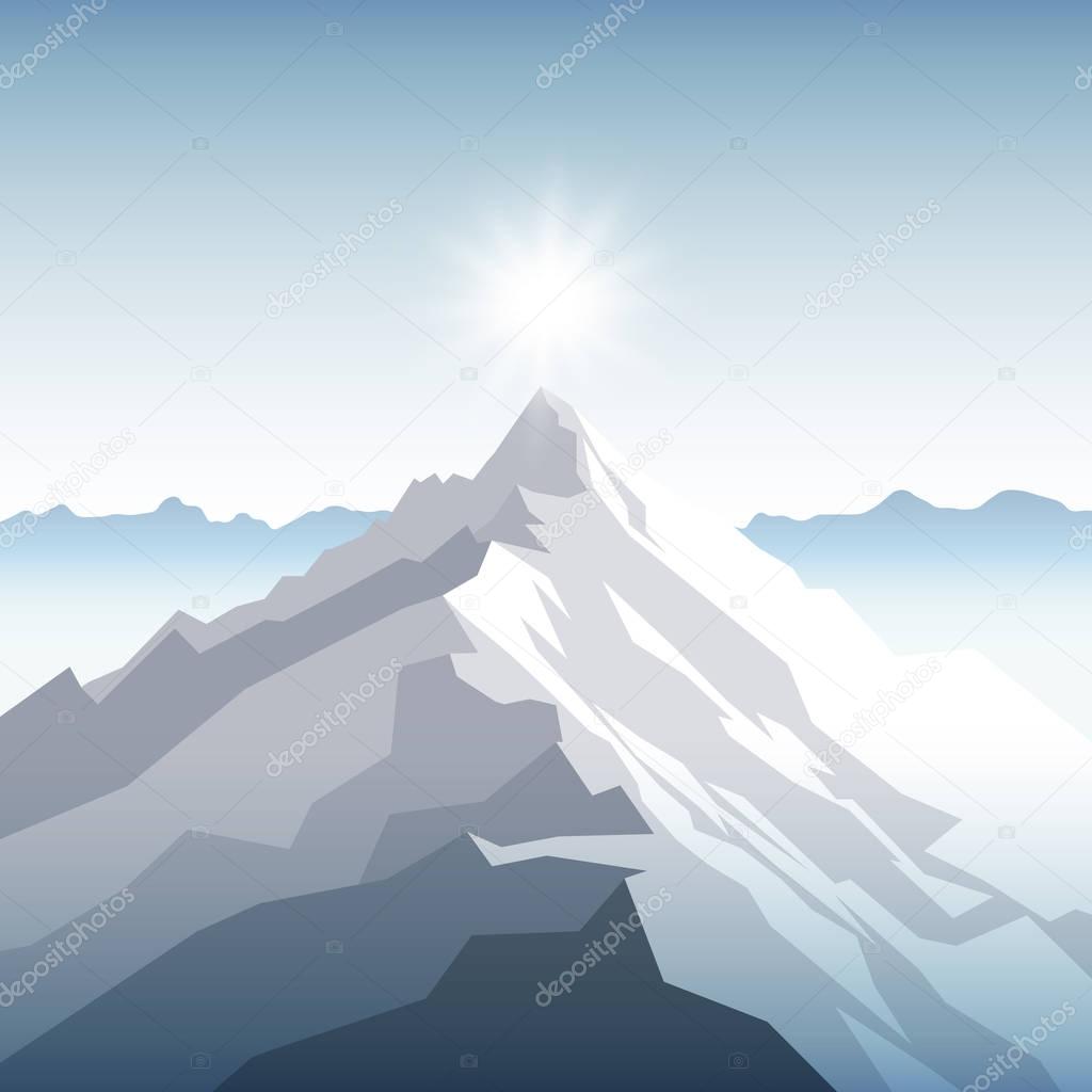 A sunset or dawn sun over the mountains. Landscape with peak. Mountaineering and traveling and outdoor recreation concept. Abstract background for web, presentations or prints. Vector illustration.