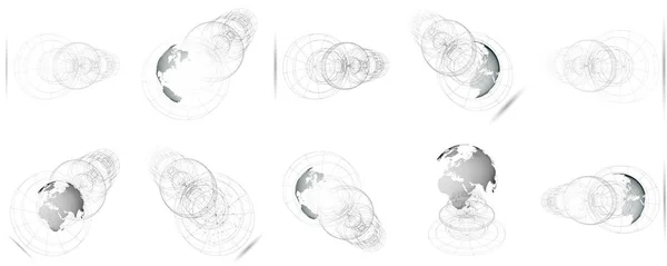 Globos de mundo punteados 3D aislados con construcción abstracta, líneas de conexión sobre fondo blanco. Diseño vectorial, estructura, forma, forma, estación espacial. Investigación científica. Ciencia, concepto tecnológico — Archivo Imágenes Vectoriales