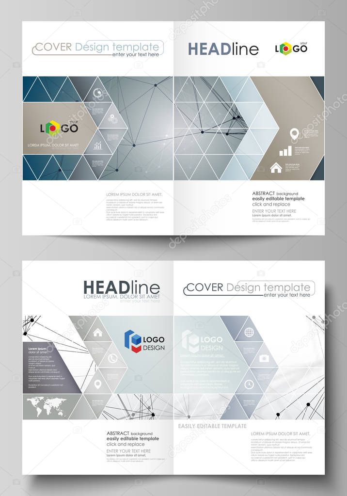 Business templates for bi fold brochure, magazine, flyer, booklet. Cover design template, vector layout in A4 size. DNA and neurons molecule structure. Medicine, science concept. Scalable graphic.