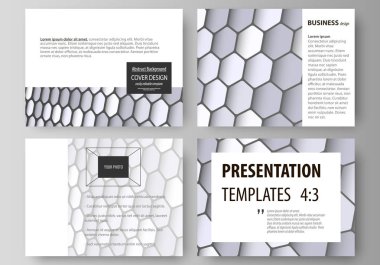 İş şablonları sunma kaymak için kümesi. Düz tasarım kolay düzenlenebilir vektör düzenler. Gri renk altıgen yanarak bahislerin doğru perspektif içinde. Soyut poligonal tarzı modern arka plan.