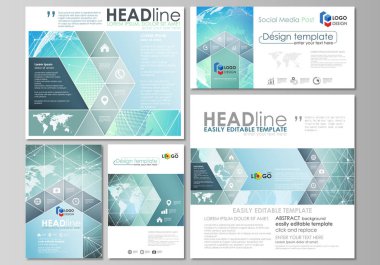 Modern sosyal medya mesaj tasarım şablonları popüler formatları düzenlenebilir yerleşimini minimalist tasarlamak vektör çizim. Kimya model, molekül yapısı, geometrik tasarım arka plan