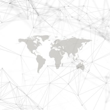 Soyut fütüristik ağ şekiller. Yüksek teknoloji arka plan, bağlayan çizgiler ve noktalar, poligonal doğrusal doku. Dünya harita üzerinde beyaz. Veri kavramı küresel ağ bağlantıları, geometrik tasarım, kazmak.