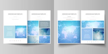 Düzenlenebilir düzeni iki A4 Format modern minimalist vektör çizim tasarım şablonları broşür, el ilanı, rapor için kapsar. Dünya harita üzerinde mavi, geometrik teknoloji tasarım, poligonal doku.