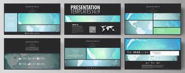 Yüksek çözünürlüklü sunma kaymak düzenlenebilir yerleşimini siyah renkli minimalist vektör çizim tasarım şablonları. Kimya model, molekül yapısı, geometrik tasarım arka plan.