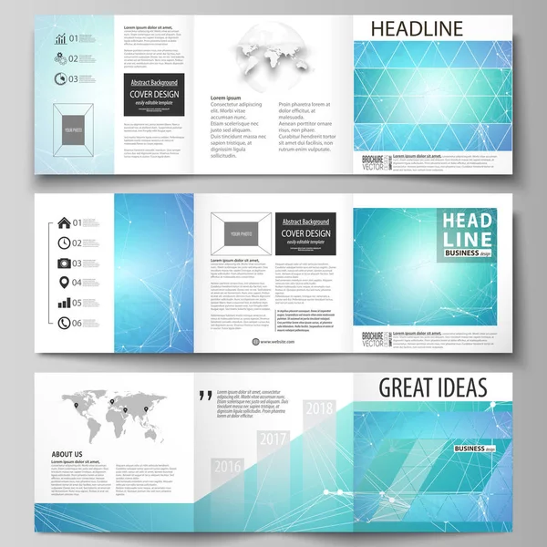 Reeks zakelijke sjablonen voor tri-fold vierkant ontwerp brochures. Leaflet cover, vector lay-out. Chemie patroon, aansluitende lijnen en punten, molecuul structuur, medisch Dna-onderzoek. Geneeskunde concept. — Stockvector