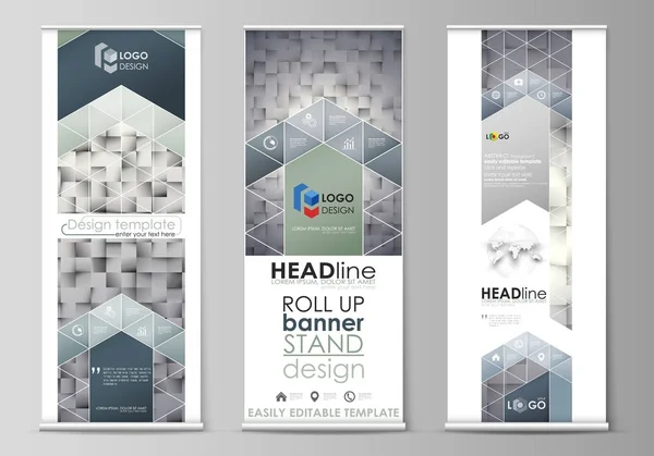 Roll up stand banner, modelli di design piatto, concetto di business moderno, vettoriali verticali aziendali, layout di bandiera. Modello composto da quadrati, sfondo grigio in stile geometrico. Struttura semplice . — Vettoriale Stock