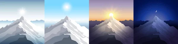 Nature mountain set. A midday sun, dawn, sunset, night in the mountains. Landscapes with peak. Mountaineering, traveling, outdoor recreation concept. Abstract vector backgrounds for web, prints etc. — Stock Vector