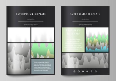 A4 formatında düzenlenebilir yerleşimini siyah renkli vektör çizim tasarım şablonları için broşür, dergi, broşür, kitapçık kapsar. Renkli diyagramının satırlarla farklı yükseklik doruklarına.