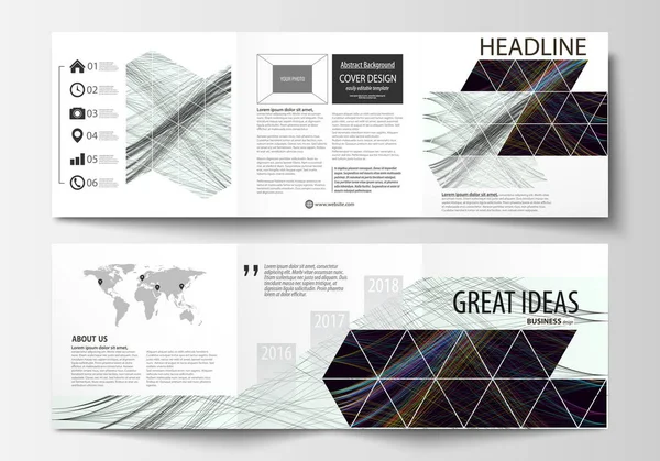 Set of business templates for tri fold square brochures. Leaflet cover, flat layout, easy editable vector. Abstract waves, lines, curves. Dark color background. Motion design. — Stock Vector