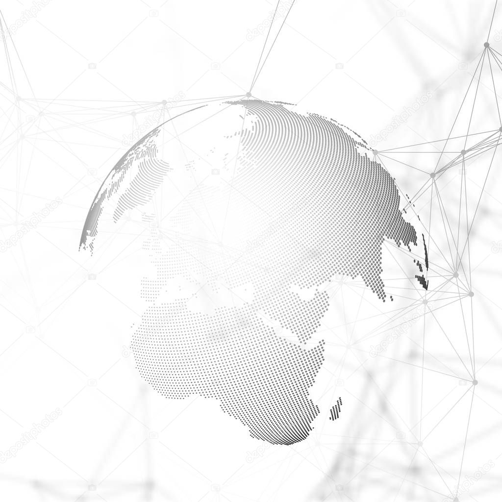 Abstract futuristic background with connecting lines and dots, polygonal linear texture. World globe on white. Global network connections, geometric design, technology digital concept.